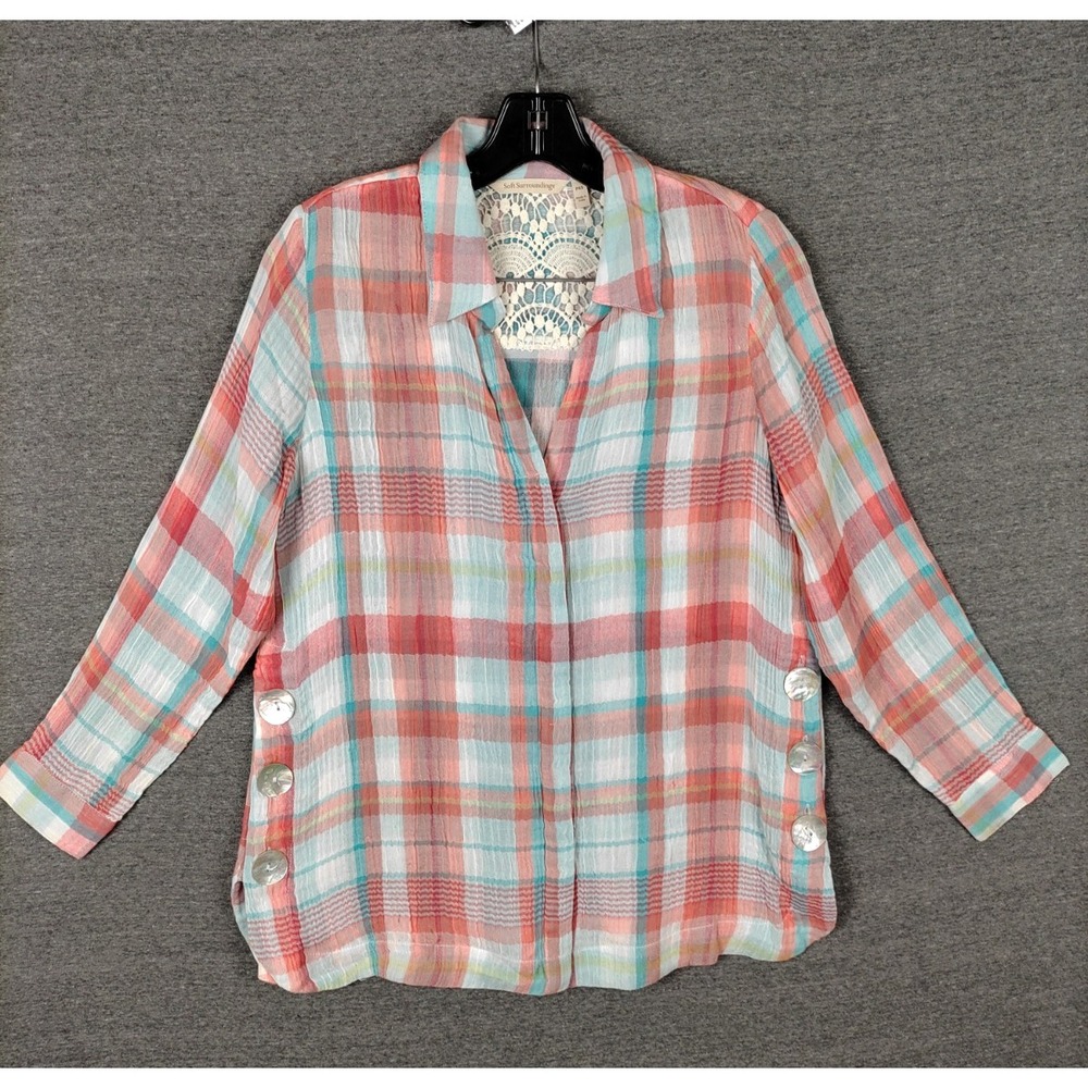 Soft Surroundings Shirt Womens‎ XS Petite Multi Plaid Gauze Coastal Resort Boho